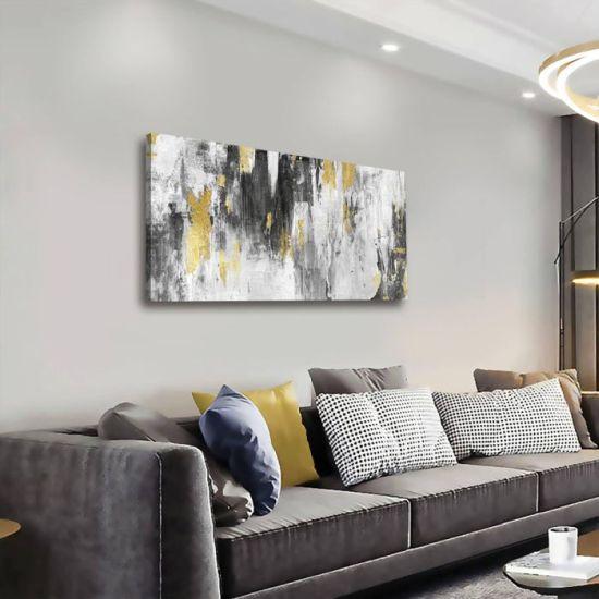 Altın Dokulu Gri Soyut Tuval Tablo - Modern Ofis ve Ev Dekorasyonu için Nötr Renk Mutfak Duvar Süsü