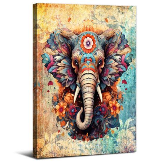 Desenli Fil Silueti Boho Mandala Çiçekli Tuval Tablo 38x41 cm Ofis ve Ev Dekorasyonu