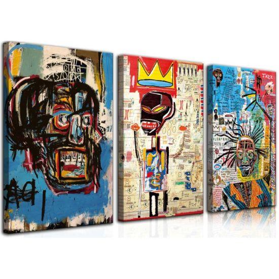 Modern Sokak Grafiti Desenli Çok Parçalı Mavi Tonlu Soyut Tuval Tablo Seti - 42x30 cm 3 Parça