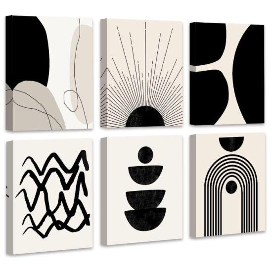 Geometrik Çizgili Bohem Tarzı Soyut Tuval Tablo Seti - Siyah Kahve Bej Renklerde Modern Sanat Duvar Dekoru