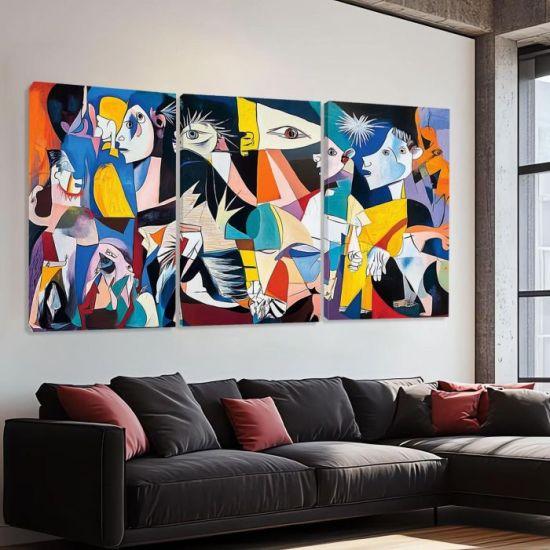 Tuval Üzerinde Soyut Savaş Sahnesi Duvar Dekorasyonu - 3 Parçalı