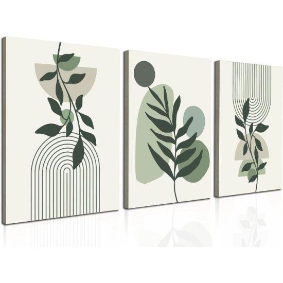 Ferah Yeşil Tonlarında Minimalist Geometrik Desenli Üçlü Çerçeveli Soyut Duvar Sanat Tablosu Seti