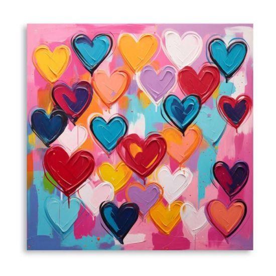 Renkli Kalp Grafiti Soyut Tuval Tablo 60x60 cm Tek Parça Modern Sanat Ofis Yatak Odası Çocuk Odası Duvar Dekoru