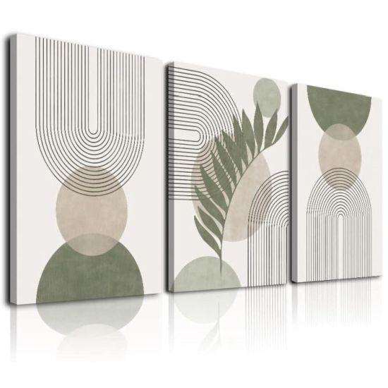 Bej ve Yeşil Tonlarında Minimalist Geometrik Çizgili Yaprak Güneş Ay Tuval Tablo Seti