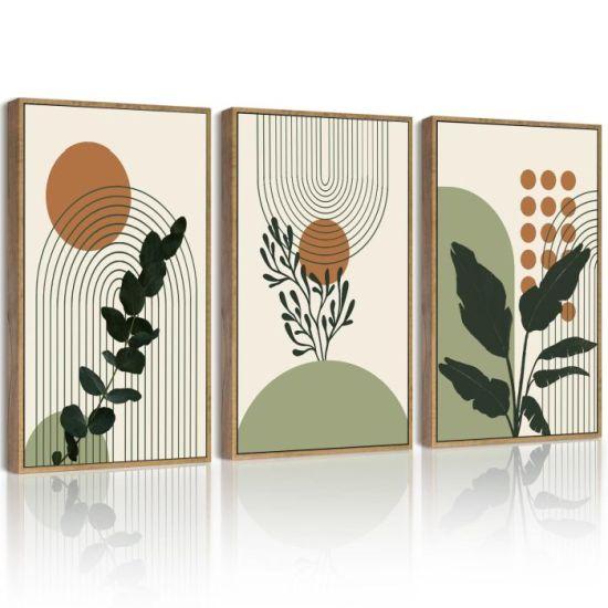 Yeşil Yapraklı ve Güneş Çizgili Soyut Çerçeveli Tuval Baskı Duvar Sanatı