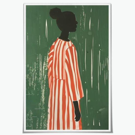 Soyut Turuncu Çizgili Siyah Kadın Figürlü Modern Sanat Kanvas Tablo - 20x30 cm Çerçevesiz