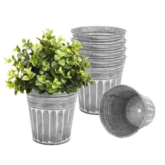 10 cm Gümüş Renkli Rustik Metal Çiçek Saksıları - 6'lı Galvanizli Drenaj Delikli ve Lastik Tıpalı, Paslanmaz Metal Kova Tipi Çiçek Saksıları Çiftlik Vintage Dekor Stili