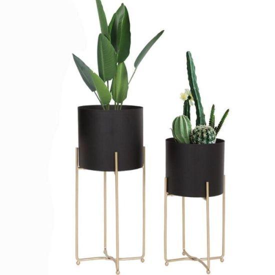 İki Katlı Siyah Altın Renkli 20 cm ve 18 cm Metal Alüminyum Saksı Seti