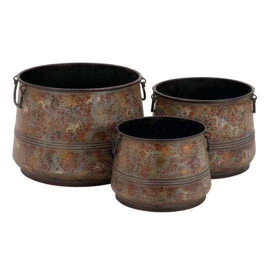Eskitme Bronz Renkli 3'lü Kulplu Açık ve Kapalı Alan Dekoratif Alüminyum Saksı Seti (41 cm, 33 cm, 28 cm)