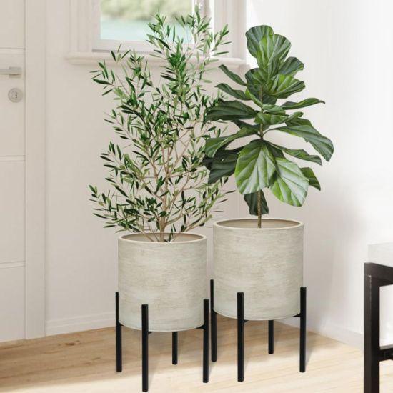 Modern Dekoratif Alüminyum Saksı Seti - 21 cm ve 27 cm Çaplı, Drenaj Delikli, İç ve Dış Mekan Bitki Standlı Çift Saksı Takımı