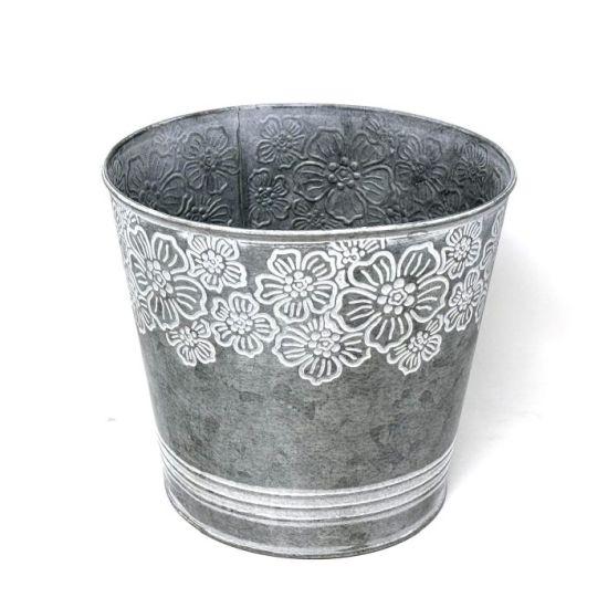 Gri Galvanizli 18 cm Çap Dekoratif İç ve Dış Mekan Yuvarlak Saksı