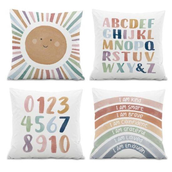 Eğitici Motivasyonlu Çocuk Odası Yastık Kılıfı Seti - 50x50 cm Beyaz Desenli 4'lü Paket