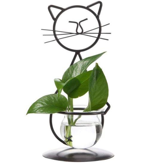 Modern Tasarım Cam Bitki Vazosu Metal Kedi Figürlü Hidroponik Bitki Standı