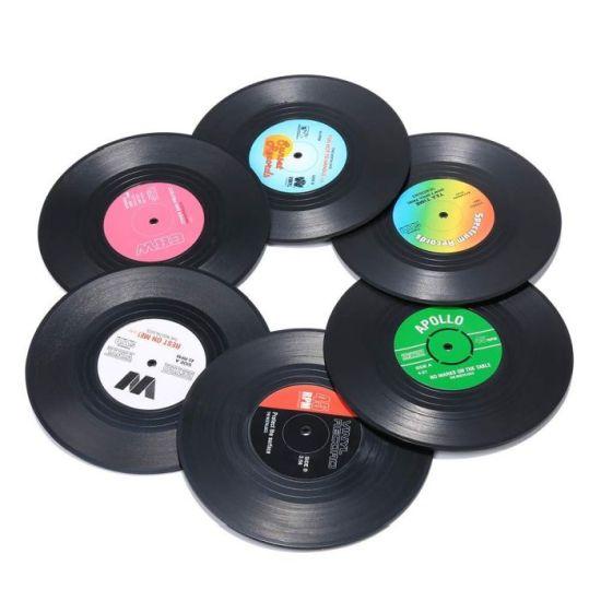 Müzik Tutkunları için Vinil Plak Şeklinde 11 cm Çapında 6'lı Eğlenceli İçecek Altlığı Seti