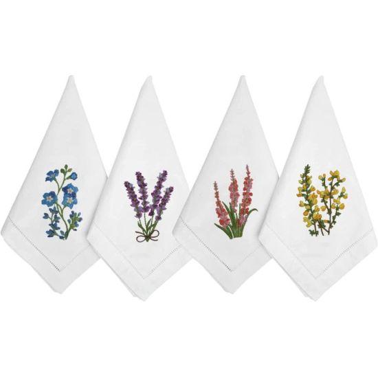 Bahar Desenli Pamuklu Sofra Peçetesi - Hyasint Çiçeği Nakışlı 4'lü Set, 45x45 cm Yumuşak Dokulu Yıkanabilir Masa Örtüsü