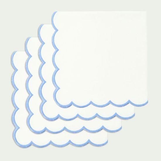 Bahar ve Yaz Mevsimi İçin Çift Renkli İşlemeli Pamuklu Sofra Peçetesi Seti - 4 Adet 46x46 cm Beyaz Zemin Açık Mavi Kenar Detaylı