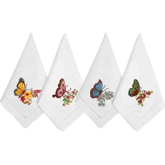 Kelebekli Desenli El Nakışlı Pamuklu Sofra Peçetesi Seti - 4 Adet 46x46 cm Yıkanabilir Kumaş Peçete