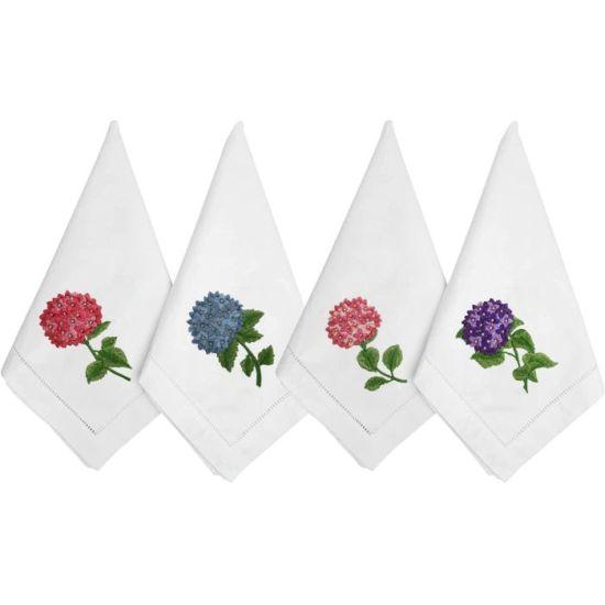 Beyaz Çiçek Desenli El Nakışlı Pamuklu Sofra Peçetesi Seti - 4 Adet 45x45 cm Hidrojen Nakış İşlemeli Yumuşak Kumaş Sofra Peçetesi