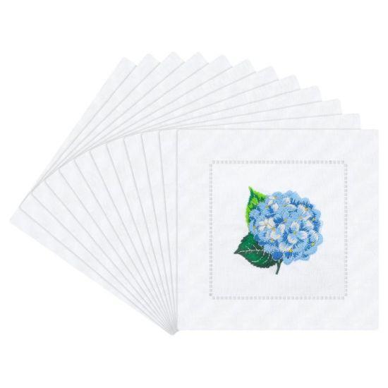 Beyaz Çiçek Desenli İnce Keten Kokteyl Peçetesi - Hydrangea Nakışlı Parti Mendili (12'li Set)