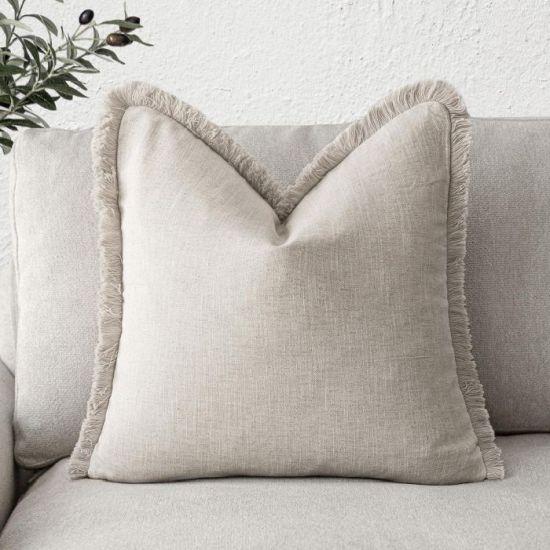 Krem Rengi Dokulu Püsküllü Boho Tarzı Koltuk Yastık Kılıfı