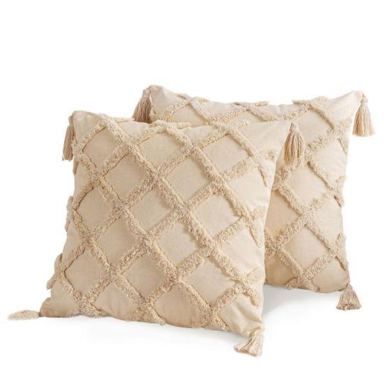 Bej Rengi Elmas Desenli Püsküllü Yastık Kılıfı Seti - 2 Adet 45x45 cm Dekoratif Ev Tekstili