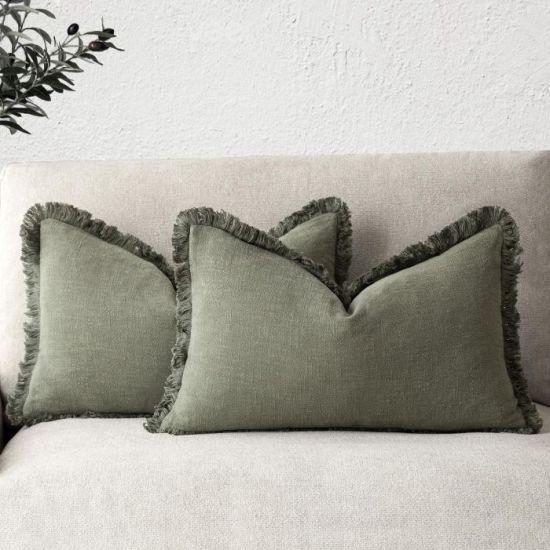 Zeytin Yeşili Boho Tarzı Püsküllü Keten Bel Yastık Kılıfı Seti
