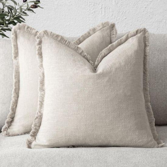 Bej Renk Püsküllü Keten Dokulu Dekoratif Yastık Kılıfı Seti - 45x45 cm