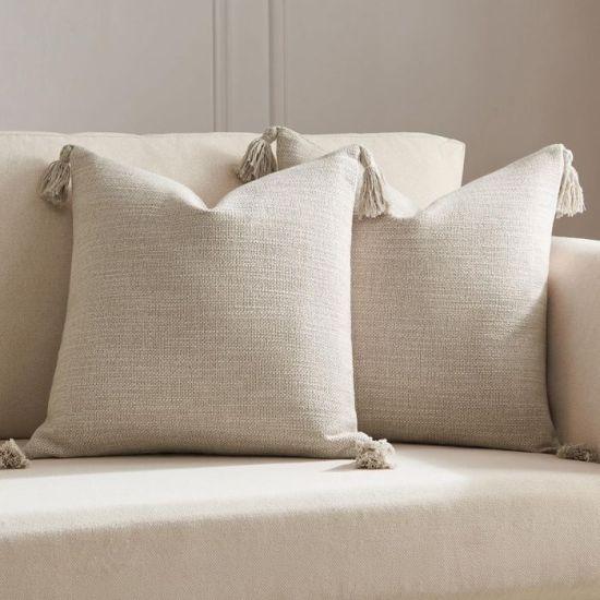 Açık Bej Renk Dokulu Püsküllü Keten Yastık Kılıfı Seti - 55x55 cm