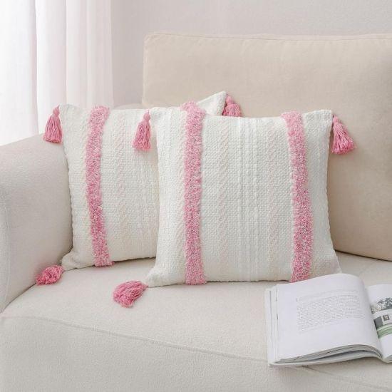 Pembe Ponponlu Boho Modern Dekoratif Koltuk ve Yatak Odası Yastık Kılıfı Seti, 45x45 cm