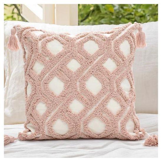 Pudra Pembesi Boho Tarzı Püsküllü Yastık Kılıfı 45x45 cm Koltuk Süsleme Kılıfı