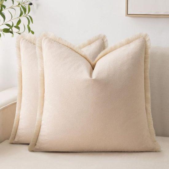 Krem Renkli Dokulu Püsküllü Keten Yastık Kılıfı Seti - 45x45 cm Kanepe ve Yatak Dekorasyonu İçin