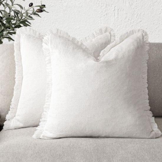 Krem Beyaz Boho Çiftli Püsküllü Dekoratif Keten Yastık Kılıfı - 40x40 cm