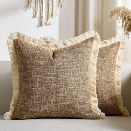 Krem Rengi Dokulu Püsküllü Bohem Kır Evi Tarzı Kanepe Yastık Kılıfı 45x45 cm 2'li Set