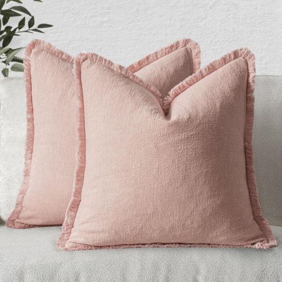 Pembe Tonlarında Keten Dokulu Püsküllü Koltuk Yastık Kılıfı Seti