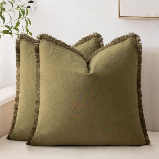 Boho Tarzı Püsküllü Bej Keten Kare Yastık Kılıfı Seti