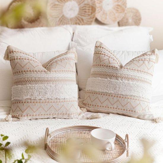 20x20 cm Krem Nötr Beyaz Boho Tarzı Püsküllü Dekoratif Kare Yastık Kılıfı Seti