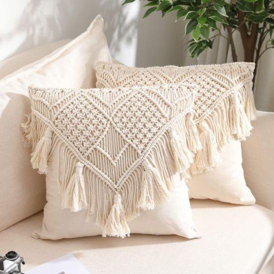 Krem Rengi Makrome Dokulu Püsküllü Kare Yastık Kılıfı Seti - 43x43 cm