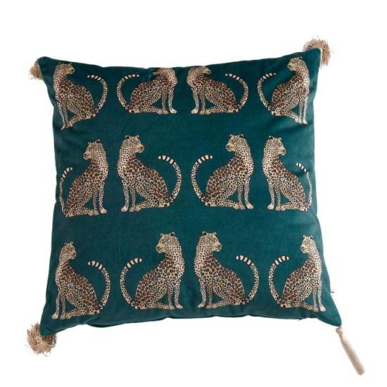 Koyu Yeşil Leopar Desenli Püsküllü Kadife Koltuk Yastık Kılıfı 45x45 cm