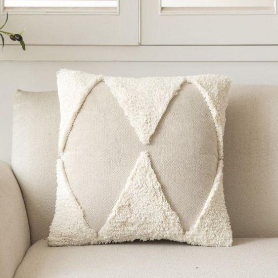 Krem Rengi Modern Geometrik Desenli Püsküllü Koltuk Yastık Kılıfı