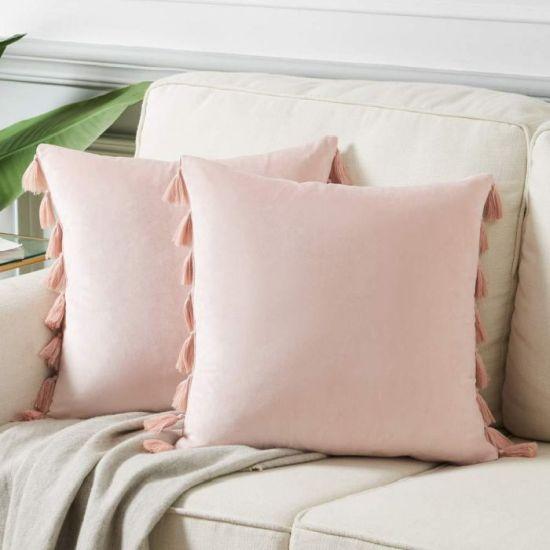 Yumuşak Kadife Blush Pembe Püsküllü Dekoratif Kare Yastık Kılıfı Seti - 45x45 cm