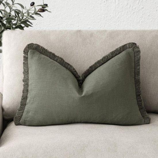Zeytin Yeşili Püsküllü Boho Tarım Evi Tarzı Yumuşak Keten Bel Yastık Kılıfı 30x50 cm