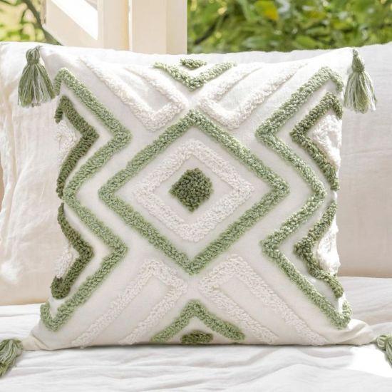 Yeşil Boho Tarzı Püsküllü Kare Yastık Kılıfı 45x45 cm Dekoratif Salon ve Yatak Odası Kırlent Kılıfı