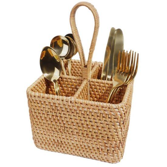 Doğal Rattan Desenli 4 Bölmeli Mutfak Düzenleyici - 18 cm x 13 cm Kulplu Kaşıklık 
