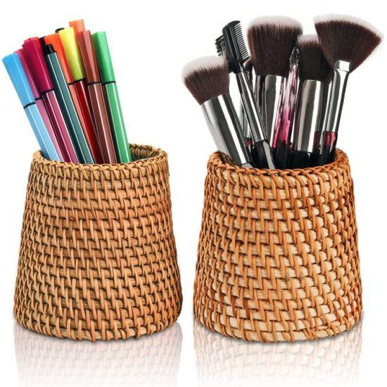 Rustik Dokulu Çok Amaçlı Doğal Rattan Kalem ve Fırça Standı - İkili Organizer Seti 