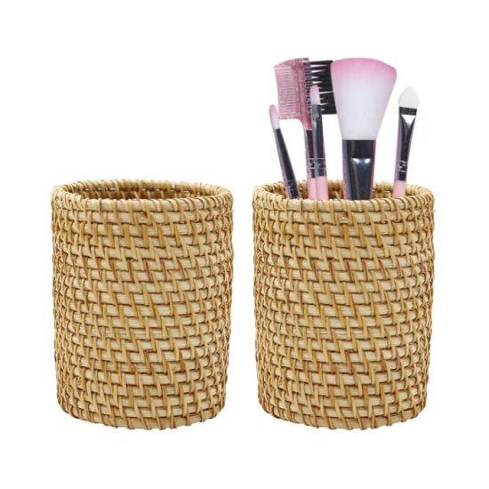 Doğal Rattan Örme İkili Masaüstü Kalem ve Aksesuar Düzenleyici - Boho Tarzı El Yapımı Organizer 