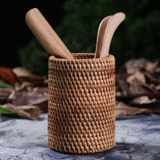 Çok Amaçlı Doğal Rattan Silindir Masa Organizatörü - Boho Tarzı Kalem, Fırça ve Aksesuar Standı 